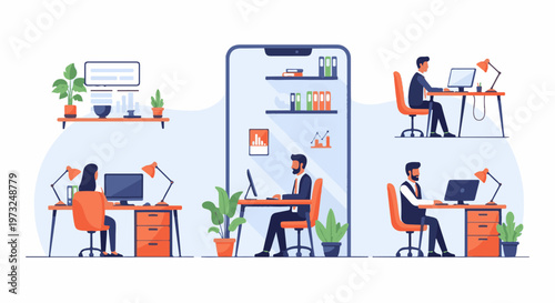 People working remotely from home office using computers.