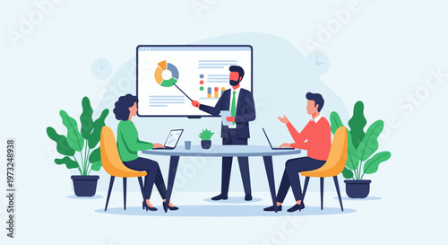 Business meeting with a presenter and two attendees.