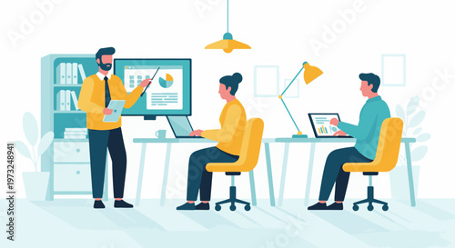 Business presentation with a male speaker and two attendees.