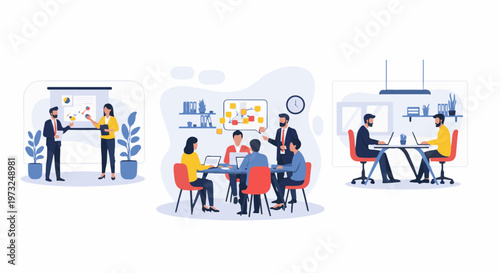 Business people collaborating in various office settings 1.