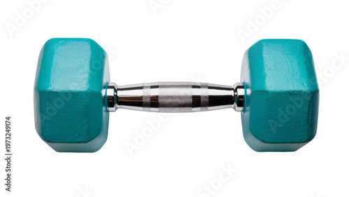 Fotografie Isolated turquoise hex dumbbell with shiny chrome handle for fitness and workout