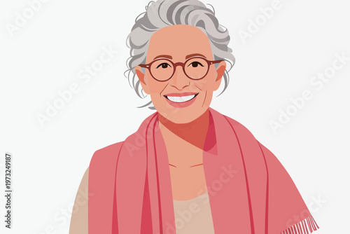 Smiling Elderly Woman with Gray Hair and Pink Scarf