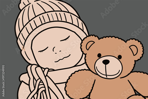 Sleeping Child with Knitted Hat and Teddy Bear