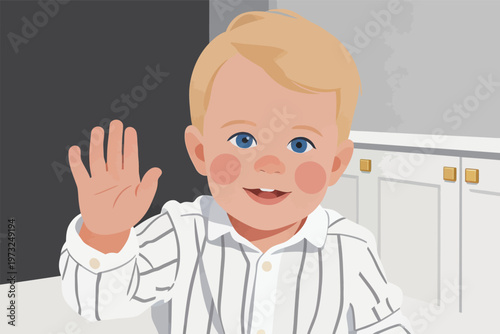 Happy Toddler Waving Hello in Striped Shirt