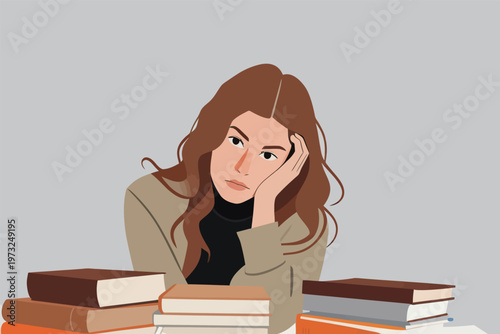 Stressed Woman with Books in Study Illustration