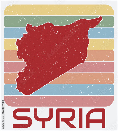 Syria vintage logo. Shape of the country on retro colored stripes background. Syria map design with grunge scratch texture. Vector illustration.