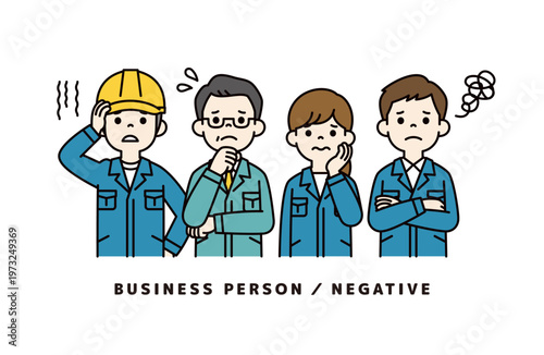 トラブルで困った表情の、経営者と男女の社員・作業員・技術者の上半身ベクターイラスト素材セット