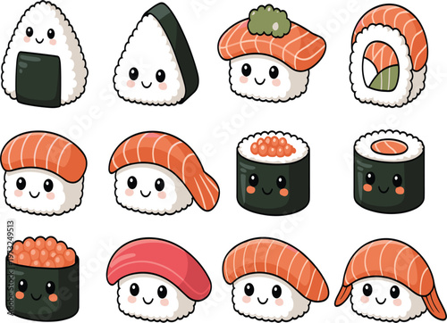 Cute kawaii sushi character set, Japanese food icons with funny faces, salmon nigiri vector illustration