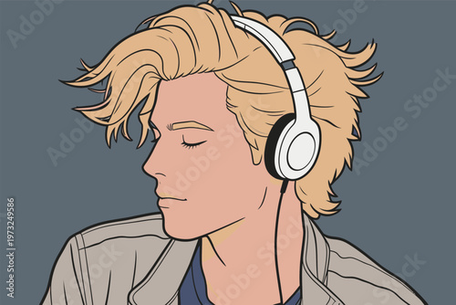Young Man with Headphones Enjoying Music
