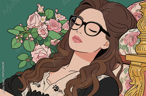 Illustration of a Woman Relaxing with Flowers