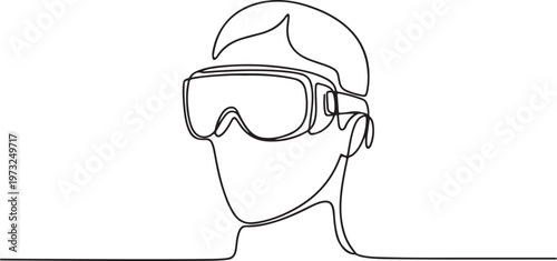 Continuous line drawing of a person wearing a virtual reality headset, symbolizing immersive digital experience and advanced futuristic technology concepts