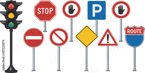 Traffic signs and road safety icons set with stop, parking and warning symbols, isolated vector design