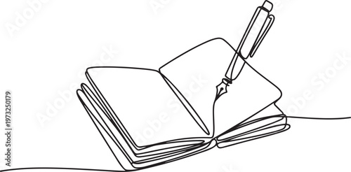 Continuous line drawing of an open notebook with a fountain pen writing, symbolizing creativity and writing process