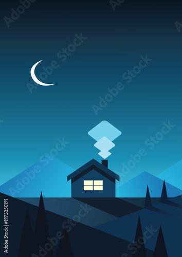 Minimal Night Cabin in Mountain Landscape Illustration