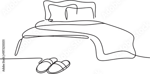 Simple illustration of a bed with slippers, perfect for representing rest, comfort, and relaxation