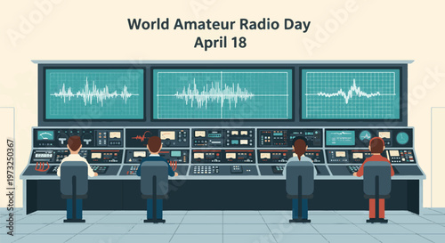 Four people operating a control panel with waveform screens for World Amateur Radio Day.