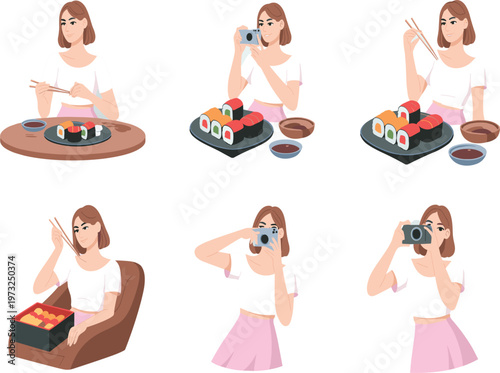 Young woman eating sushi, taking photos with camera, lifestyle character set, Japanese food vector illustration
