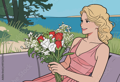 Woman in Pink Dress Holding Bouquet by Lake