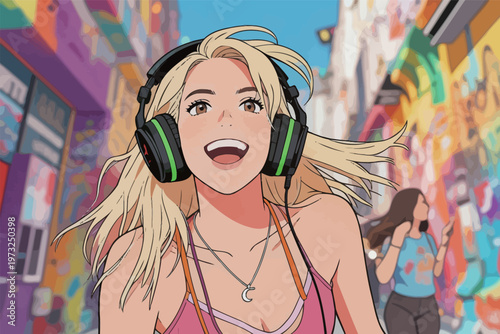 Happy Girl Wearing Headphones in Colorful Street