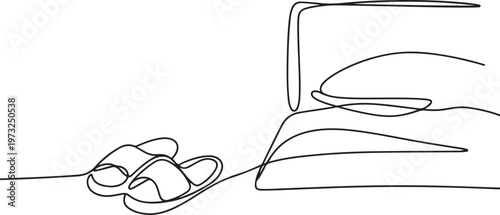 Minimalist single-line drawing of a bed with slippers placed on the side, evoking comfort and relaxation