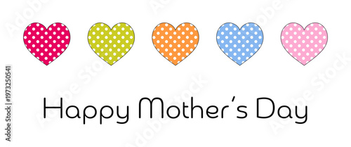Happy Mother’s Day - Schriftzug in englischer Sprache - Alles Gute zum Muttertag. Grußkarte mit bunten gepunkteten Herzen.