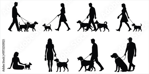 Silhouettes of people walking and sitting with dogs on leashes on a white background vector illustration