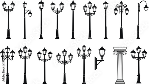 Silhouettes of various street lamps and a classical column on a white background untitled