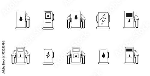 Fuel Pump Icon Set Gas Station Petrol Diesel and Electric Charging Vector Collection