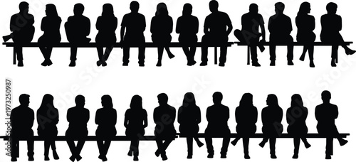 Silhouettes of diverse people sitting on benches in two rows against a white background illustration