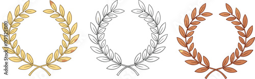 Three Laurel Wreaths Gold Outline and Bronze vector illustration