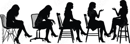 Five Silhouettes of Women Sitting on Chairs in Various Poses vector illustration