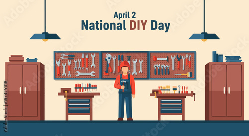 An illustration of a man in a workshop celebrating National DIY Day on April 2, surrounded by workbenches, cabinets, and a pegboard with various hand tools.