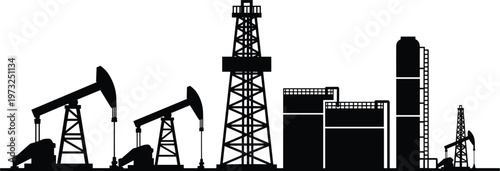 Black Silhouette of an Oil Rig and Industrial Refinery Complex factory