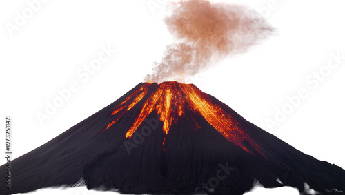 Isolated erupting volcano with molten lava flowing down the dark slopes and smoke cloud