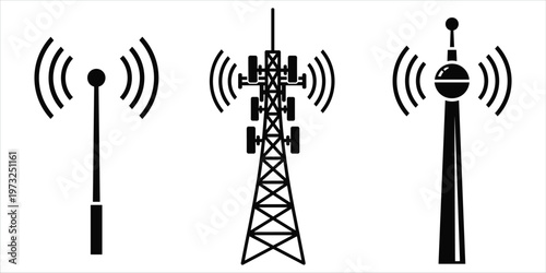 Communication Tower Icons SetBlack icons of communication towers emitting radio waves on a white background. communication tower, antenna