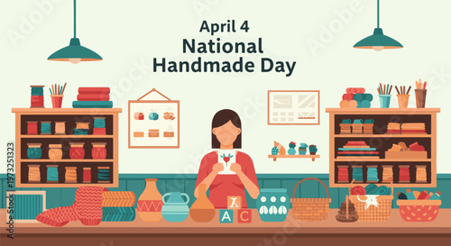 Illustration of a woman crafting in a workshop filled with handmade items and supplies, celebrating National Handmade Day on April 4.