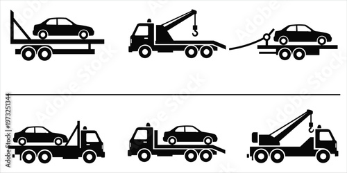 Collection of tow truck and car carrier icons in black and white flatbed truck towing