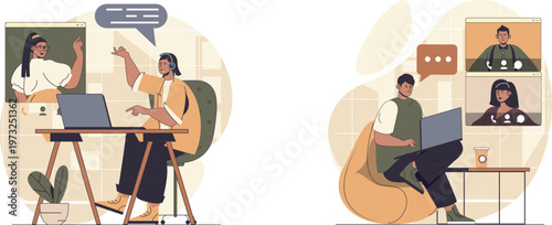 Diverse professionals engaging in a virtual team meeting across different locations