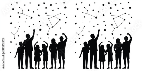 Silhouette of Children and Adults Looking Up at Constellations and Stars on White Background family group