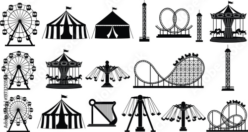 Amusement Park Rides And Tents Silhouettes On White Background attractions carousel