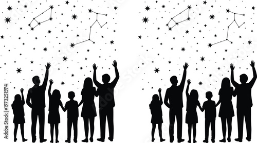 People Silhouettes Looking Up At Constellations And Stars On White Background family children