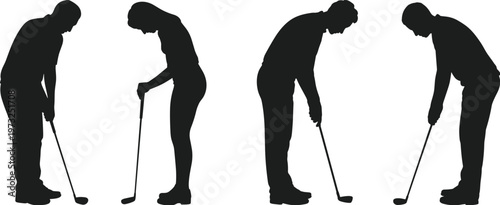 Silhouettes of Four Golfers Preparing to Putt on White Background Keywords: golf, golfer, sport, recreation, activity, player, male, female