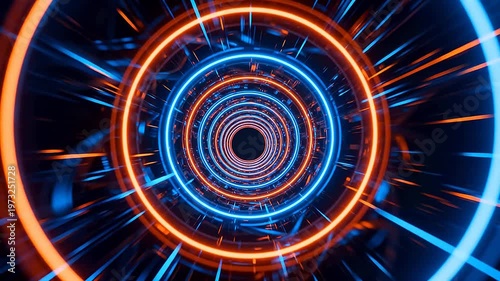 Abstract orange blue neon tunnel with black hole center