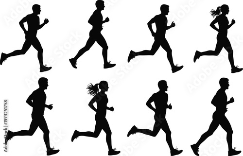 Diverse silhouettes of men and women running in different poses on a white background people