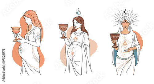 Series of three line art drawings depicting pregnant women in flowing robes holding chalices as symbols of fertility and motherhood.