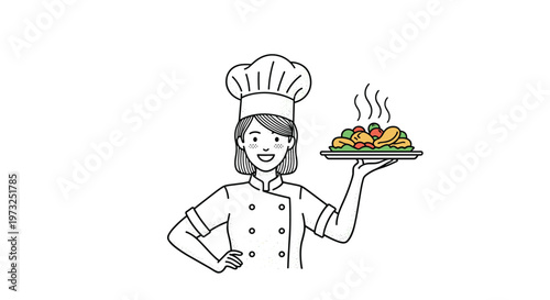 Cheerful female chef wearing a traditional white toque and uniform while holding a tray of steaming hot food in a flat design.