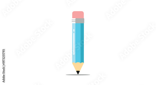 Simple blue pencil illustration with a pink eraser standing on its sharpened point to symbolize creativity and education.