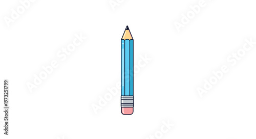 Modern flat vector icon of a sharpened blue pencil with a pink eraser and silver ferrule isolated on a plain white background.