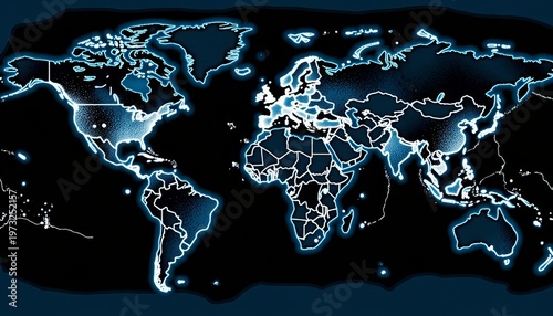 Intricate digital glowing world map, showcasing various continents and countries with bright outlines, providing a futuristic and technological representation