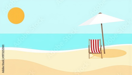 Serene Coastal Escape with Bright Sun, Calming Waves, Sandy Shore, and a Relaxing Beach Chair Under a Simple White Parasol Turbocharging Tranquility